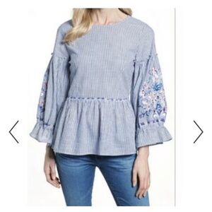 Caslon Striped Top with Embroidered Sleeves